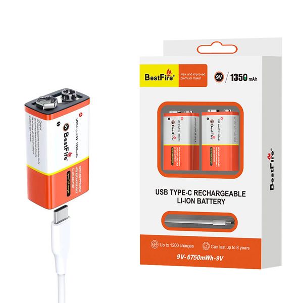 Original Bestfire 9V Battery 1350mAh USB Type-C Rechargeable Lithium Li-ion Battery 9 Volt 1A Cell for Toy KTV Microphone Smoke Detector Ele