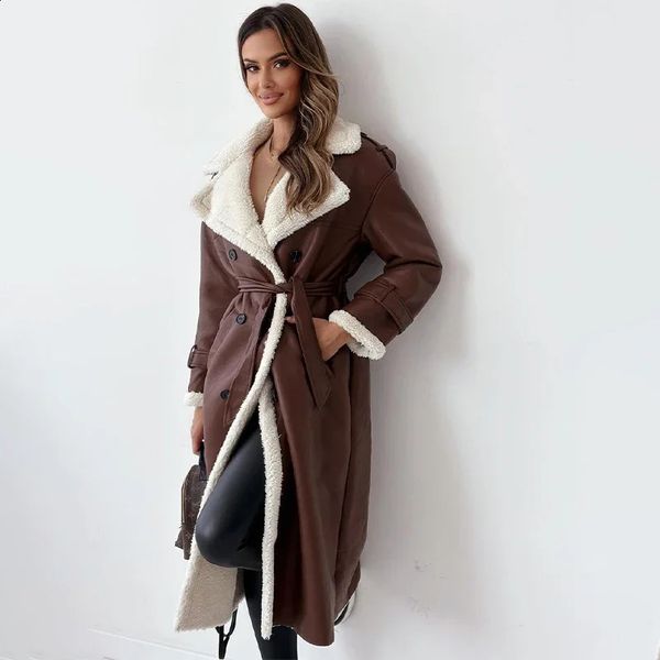 Fur Jacket Waist Belt Lambswool Long Sleeved Swivel Collar Pocket Autumn Winter Womens Coat 2930 B3