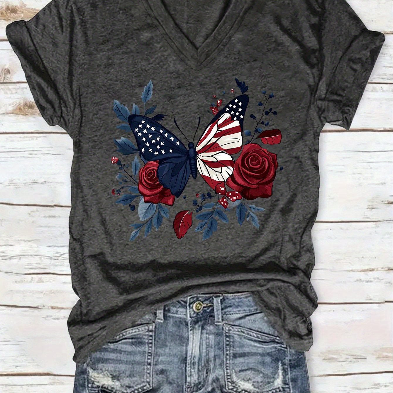 TEMU Women's Patriotic American Flag Floral Graphic V-neck T-shirt - Red, Blue Butterflies - Lightweight Breathable Polyester Top For Everyday &