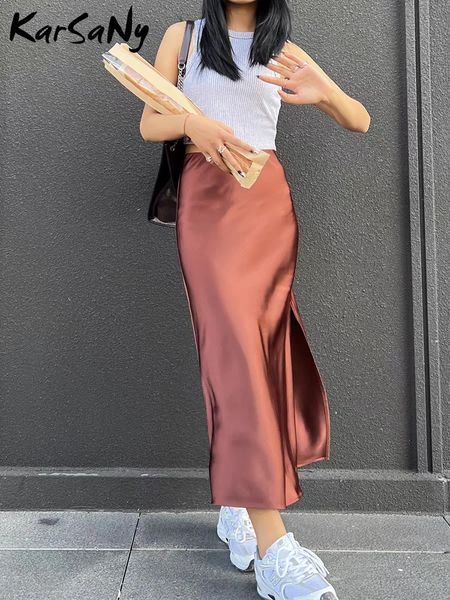 Silk Satin Skirts for Women Summer Casual Style A-line Solid Color Elastic High Waist Side Slit Champagne Skirt 250117