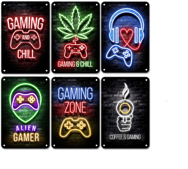 Neon Sign Gaming Metal Painting Gamer Poster Metal Tin Plate Vintage Wall Art Decor Funny Designed for Boys Kids Game room Playroom Home 20x
