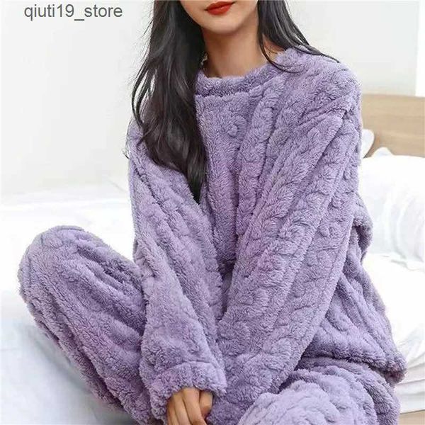 home clothing Women Fleece Pajamas Set Winter Sleepwear Solid Velvet 2 Piece Pant Home Suit Fluffy Casual Pajamas Warm O-neck Night Wear 202