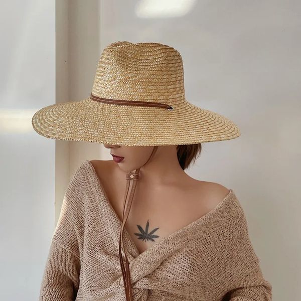 2024 Belt Strap Straw Sun Hat For Women Fashion Vacation Beach UV Hats Summer Wide Brim Travel Panama Hats Outdoor Wholesale 241209