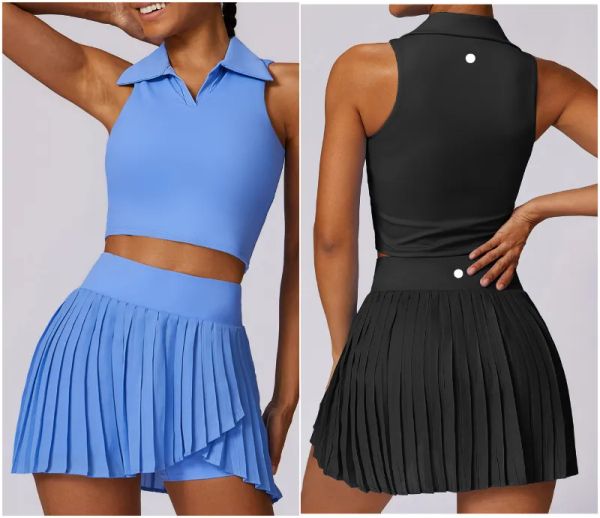 Outfit Sets Yoga Yoga LMN8600 Womens Skirts Vest Tennis Sport Running Skirt Suit Elastic High Waist Sportwear Lined Breathable Turn-Down Col