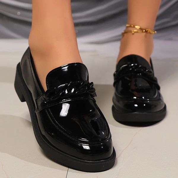 Lucyever Womens Chain Decor Loafers Patent Leather Slip On Platform Shoes Woman Stylish Low Heels Black Office Ladies 41 241120
