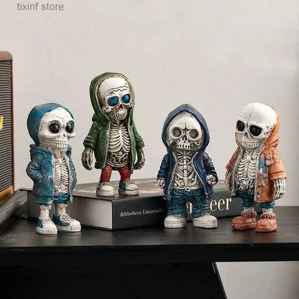Decorative Objects Figurines Gothic Skeleton Figurines Cool Resin Hand Crafts Statue Skull Halloween Skull Horrible Ornaments for Home Desk