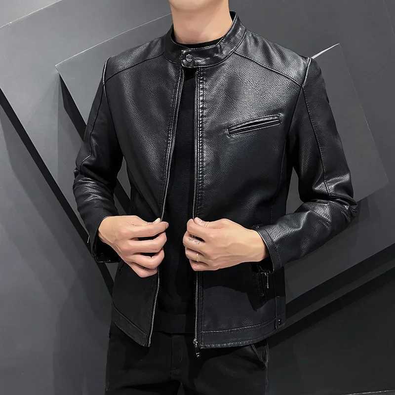 Spring and summer mens jacket casual motorcycle windproof and warm stand collar PU leather jacket mens slim fit plush coat W240918