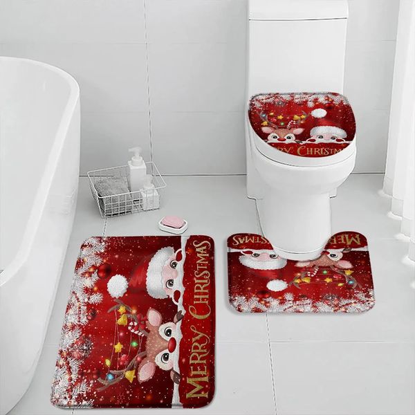Cartoon Christmas Bath Mat Set Cute Santa Claus Elk Red Xmas Ball Fir Branch Year Home Bathroom Decor Floor Rug Toilet Cover 241112