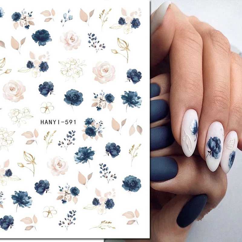 3D nail art decal Royalblue white floral watercolor flower leaf adhesive slider nail sticker W240823