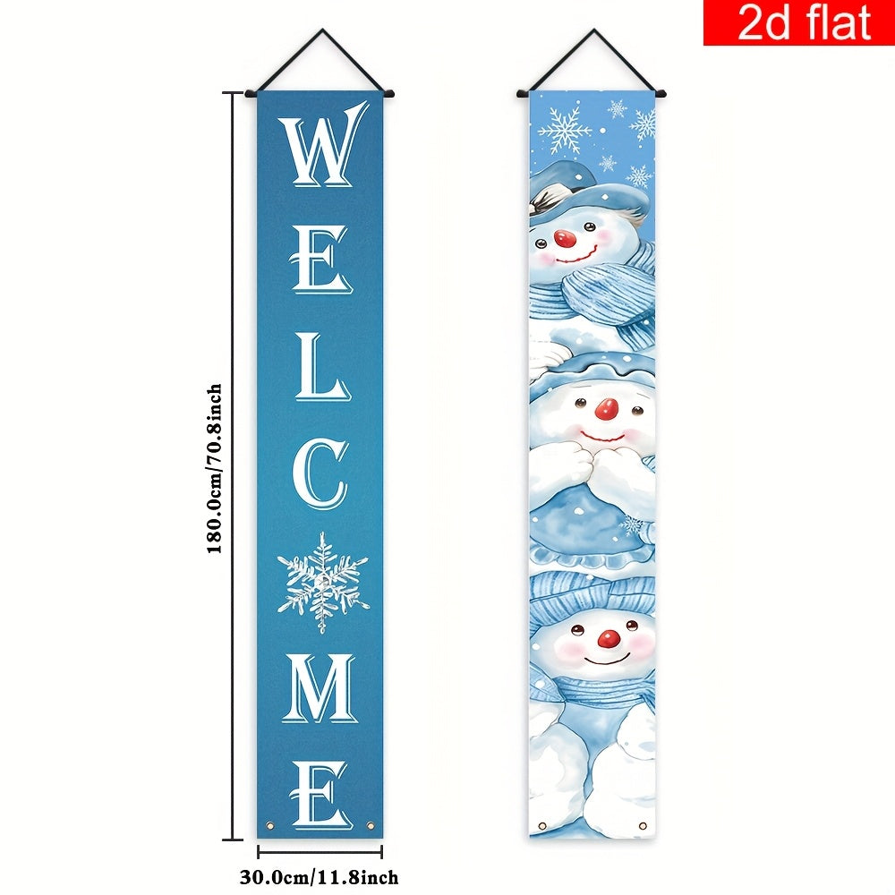 TEMU 2d Flat, 2pcs Blue Christmas Snowman Couplet Banner - Polyester, Indoor-outdoor Door & Wall Decor For New Year's Party, No Electricity Needed,