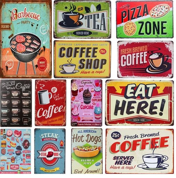 Vintage Delicate Fast Food BBQ Metal Painting Plaque Restaurant Home Bar Cafe Kitchen Wall Decor Plate Retro Posters Art Painting 30X20cm W0