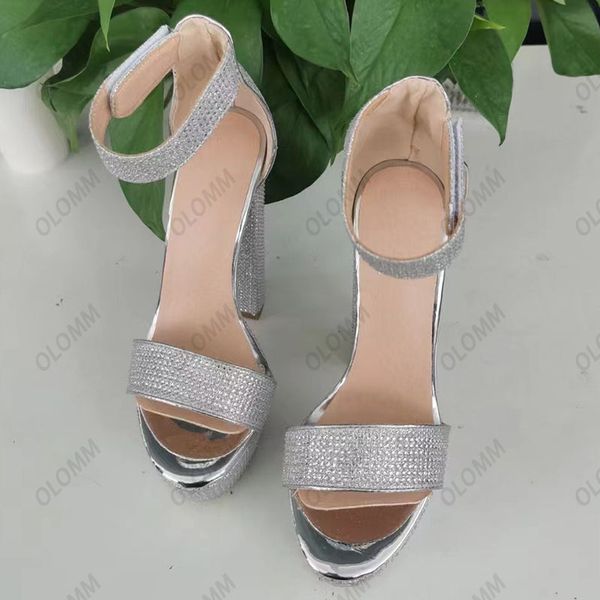 Olomm2023 Fashion Women Summer Sandals Glitter Material Block Heel Round Toe Gorgeous Silver Night Club Ladies Shoes US Size 5-20