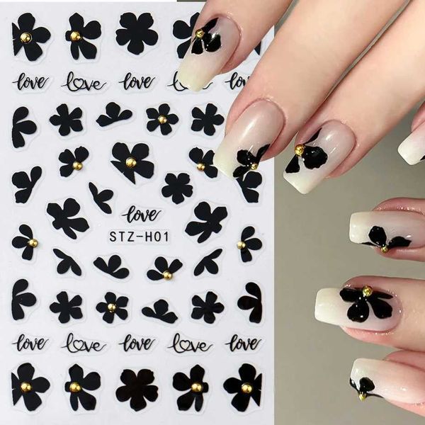 3D Black Flower Nail Sticker Decal Charm Simple Flower Cute Cartoon Nail Art Adhesive gel Slider Summer Decoration Process W240815