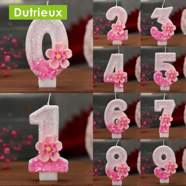 New 0-9 1pcs Digital Candles Pink Flowers Birthday Candles Party Atmosphere Candless Scene Decorations Candles Home Decoration Y240815