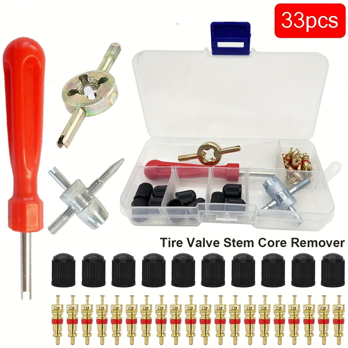 TEMU 33pcs Car Bicycle Slotted Handle Tire Valve Stem Core Remover Screwdriver Tire Repair Install Tool Kit, Auto Motorcycle Accessories