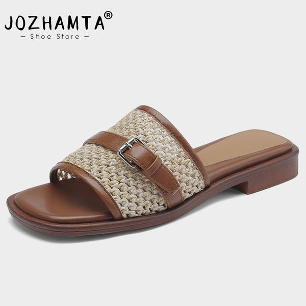 JOZHAMTA Size 34-40 Flats Slippers Women Real Leather Low Heels Summer Shoes For Women 2023 Fashion Buckle Sandals Home Slides