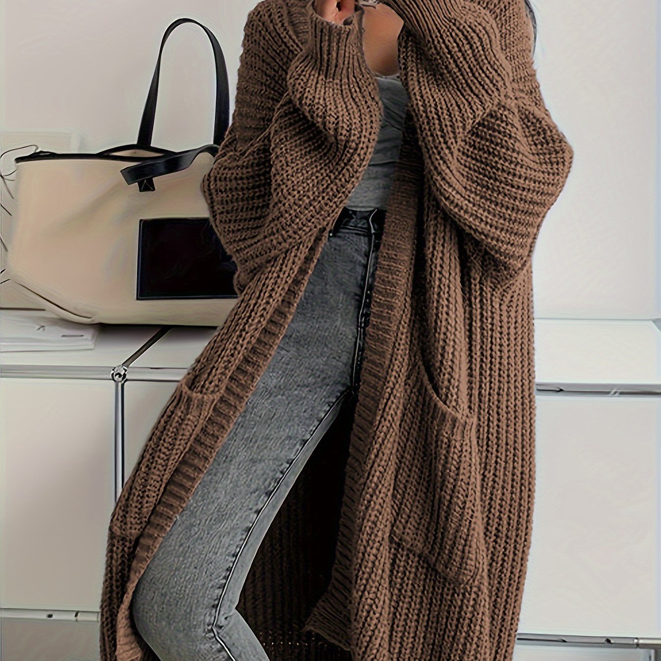 TEMU Women's Cozy Long Sleeve Cardigan With Pockets - Brown, Button-up, Casual Fall-winter Wear, Casual Winter Wear | Cardigan | Construction,