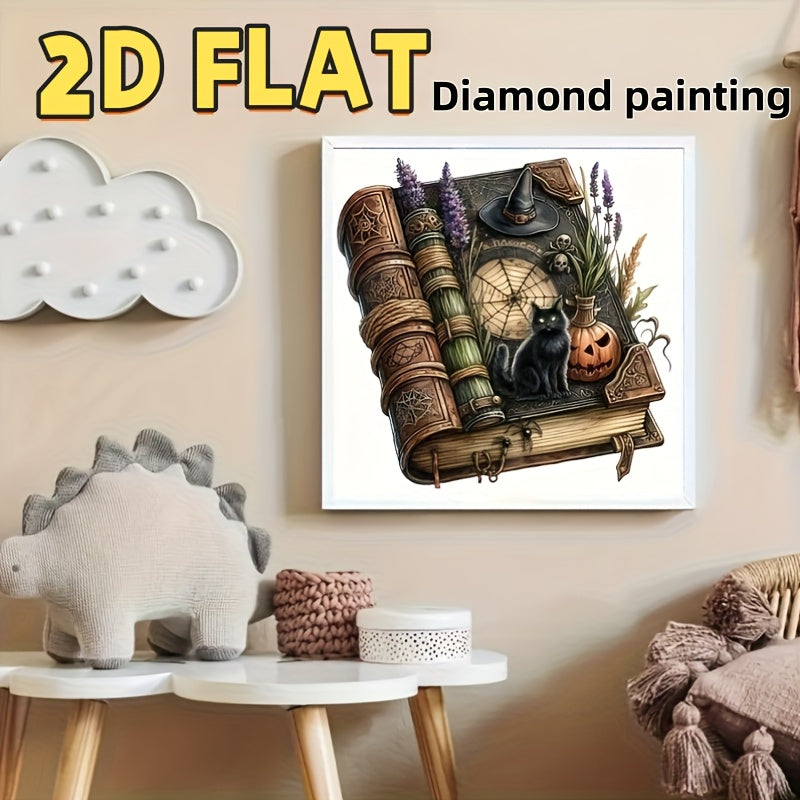TEMU 2d Flat 1pc 's Kit - 11. 8x11. 8in Round Drill Canvas, Mystical Halloween Decor With Black Cat, Pumpkin & Spiderweb Design For Home, Desk, Or