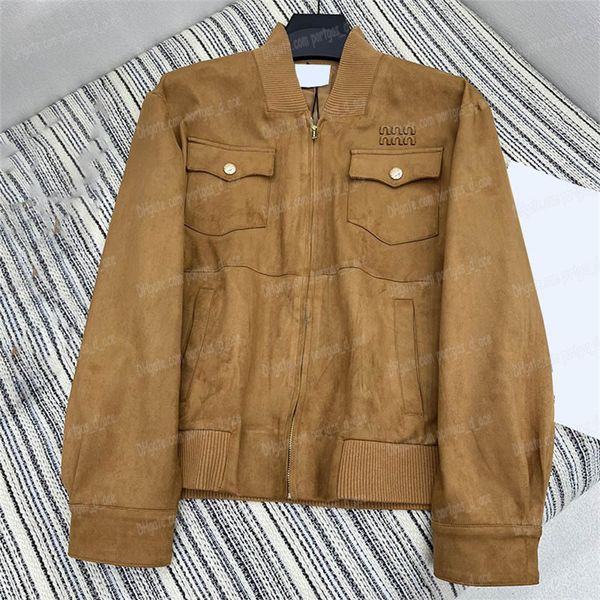 Vintage Women Jacket Luxury Stand Collar Suede Jacket Letter Long Sleeve Zipper Coat Autumn Winter Fashion Brown Jackets