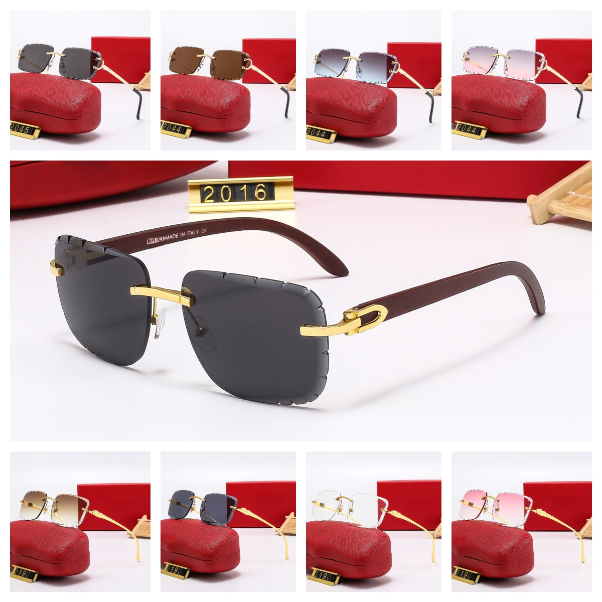 Luxury Designer Frameless Square Cat-Eye Sunglasses for Women - Leopard Print Metal Accents & Wood Grain Temples