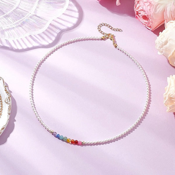 Collares de perlas de concha y piedras preciosas de chakras redondas de 3 mm para mujer