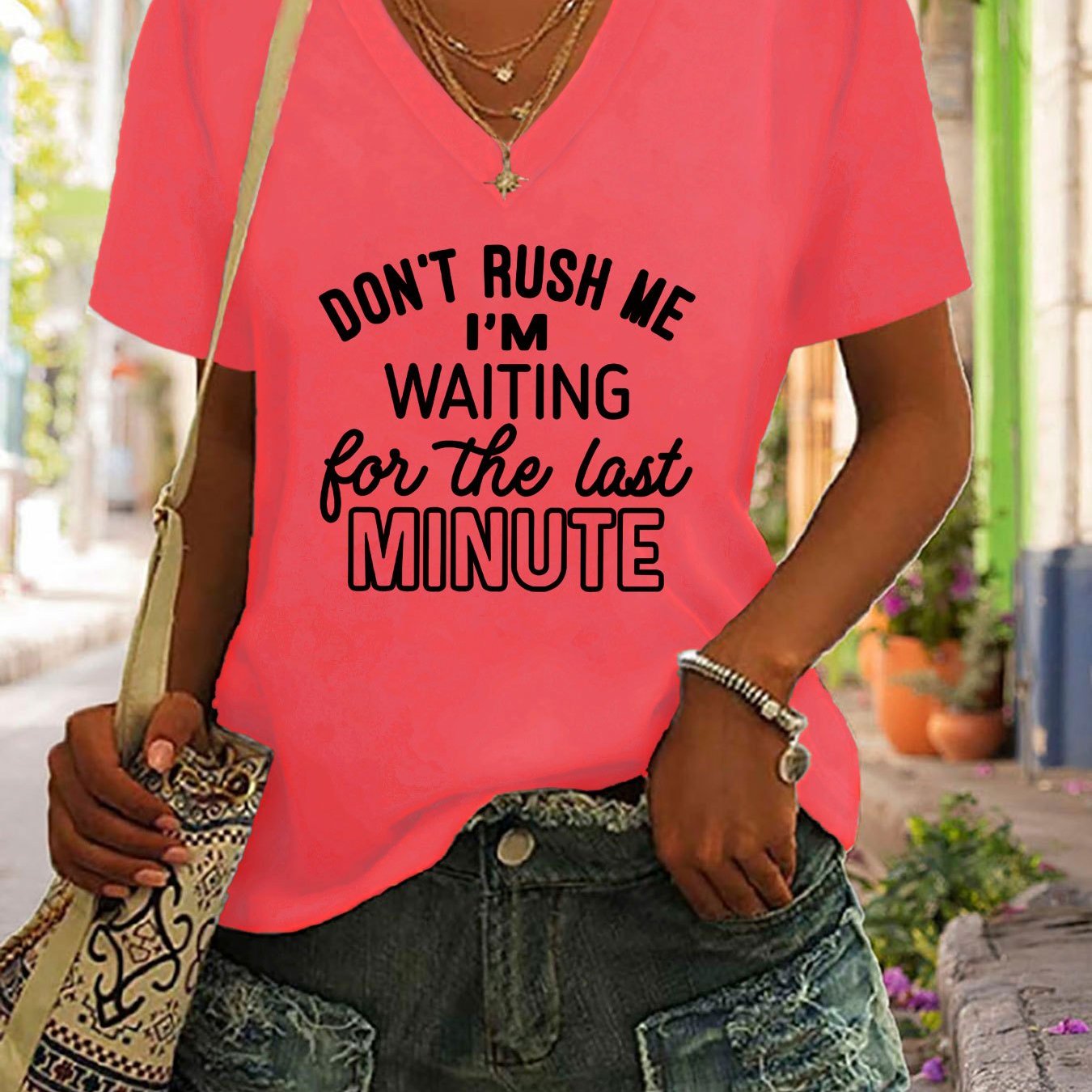 TEMU Letter Print V-neck T-shirt, Short Sleeve Casual Top For Summer & Spring, Women's Clothing