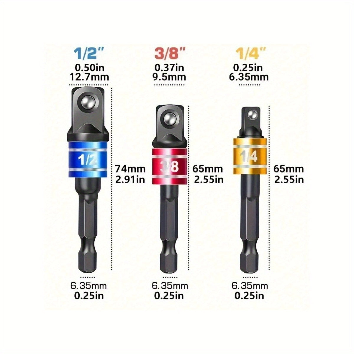 TEMU 3pcs Impact Grade Socket Wrench Adapter Extension Set 1- 4"", 3- 8"", 1- 2"" - Hex Shank, Square Head, Extension Drill Bits, Bar Power Tools -