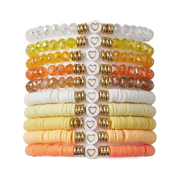 10Pcs Polymer Clay Disc & Glass & Brass Beaded Stretch Bracelets Set