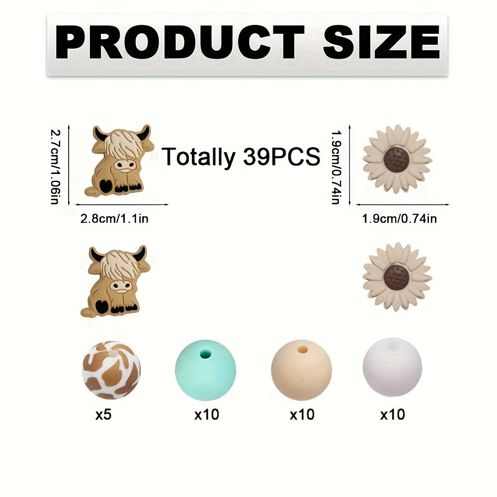 TEMU 39pcs Daisy And Highland Cow Silicone Bead Set - Making, Pens, Necklaces, Key Rings - Colorful Handmade Gift Set With Animal And Floral Prints,