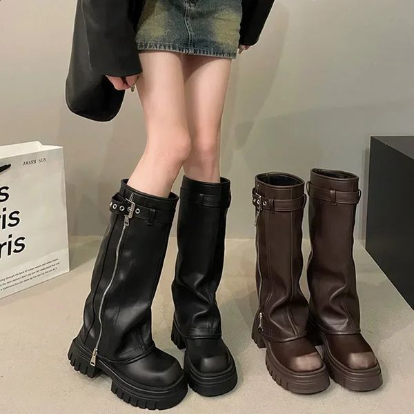 Winter Women Biker Boots Fashion Belt Buckle Ladies Elegant Platform Long Pipe Booties Casual Womens Knee High 241223