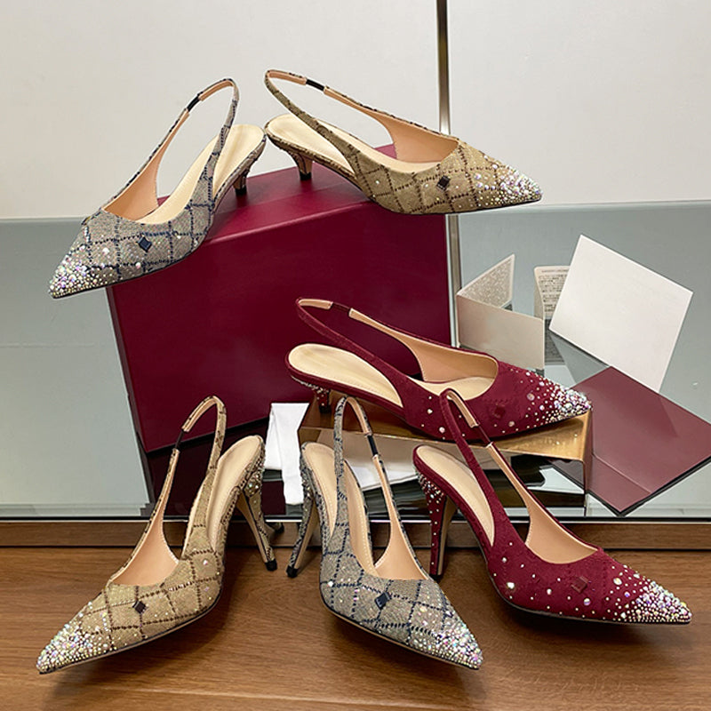 Leather Dress Shoes Luxury Multi-dimension Crystals High Heels Womens Canvas Slingback Pump Summer Adjustable Party Sandals With Box 688