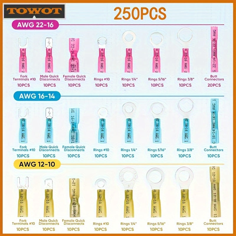 TEMU 90-120-250pcs Wire Connections Waterproof Crimp Connector Assortment, Ring Fork Spade Splices For Automotive Marine Electrical Terminals Kit