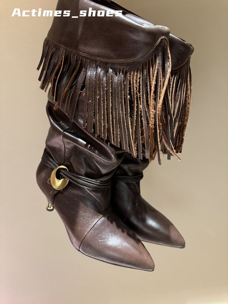 Knee High Long Boots For Women SLOUCH BOOTS Kitten Heels Rivet Cowboy Boots Chunky Heel Platform Pointed Toe Ladies Mid-calf Boots Female Hi