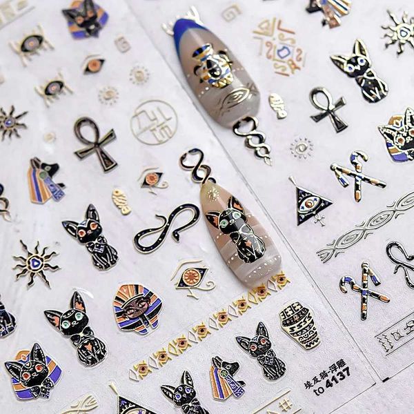Retro Noble Mysterious Egyptian Cat Totem Hot Stamping Black Pharaoh Kitty Paw Embossed Reliefs Nail Art Sticker Manicure DecalsXJ240814