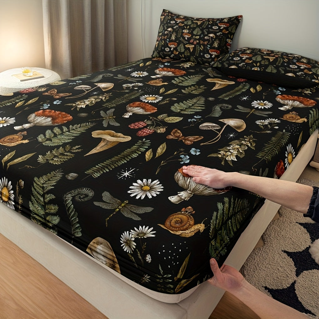 TEMU 3pcs Polyester Print Fitted Sheet Set (1* Fitted Sheet + 2* Pillowcases, Core Not Included), Suitable For Bedrooms And Guest Rooms. Soft And