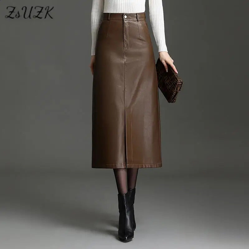 ZUZK Women PU Leather Bodycon Skirts Autumn Winter Front Slit High Waist Long Straight Fashion Skirt Pocket Warm Pu Skirt 240830