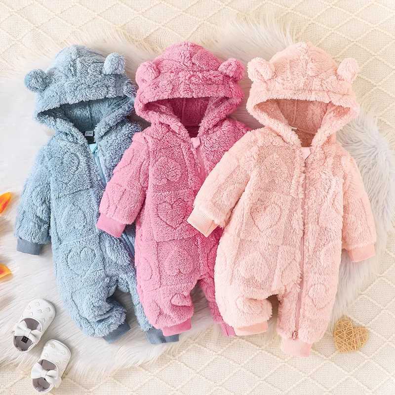 RUEWEY 0 to 18 Months Baby Girls Romper Winter Clothes Solid Color Plush Hooded Long Sleeve Jumpsuits for Newborn InfantXJ241025