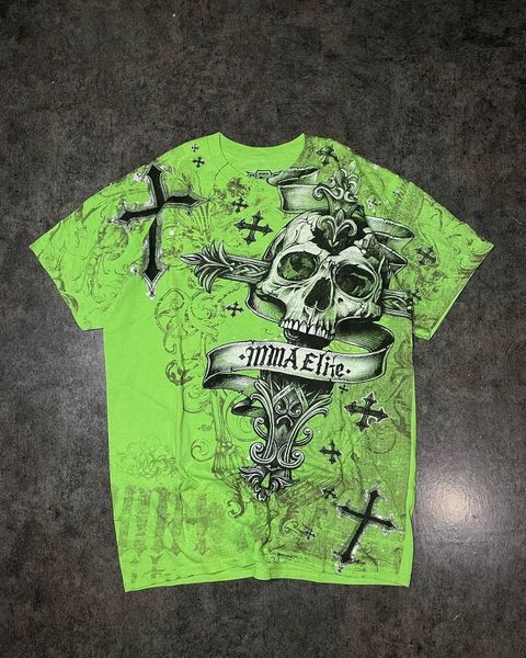 Cinventário de moda verde retro de verão Y2K Padrão extra grande de camiseta imprimida Harajuku Gothic Hip Hop Sports Top Streetwear 250107
