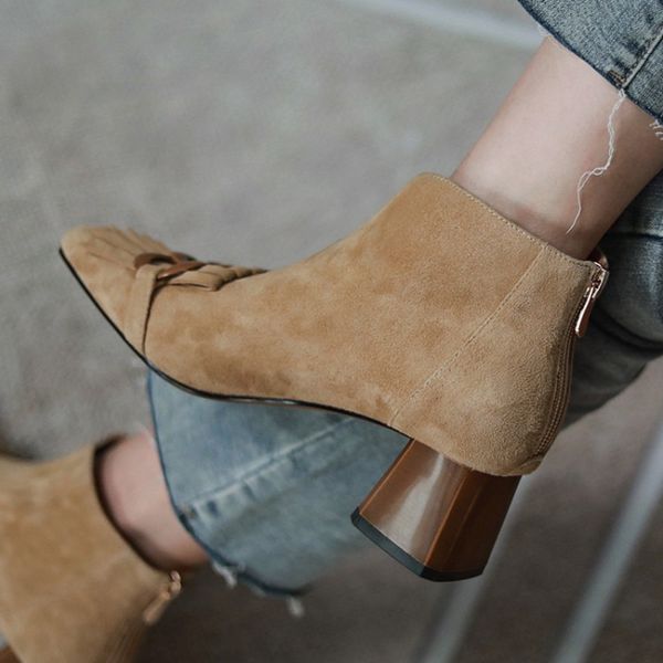 2024 Autumn-Winter Women Cow Suede Round Toe Square Heel Mid-Heel Ankle Boots 5cm Womens Shoes Booties Heels c537