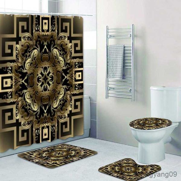 Shower Curtains 3D Floral Baroque Gold Flowers Shower Curtain Set for Bathroom Luxury Golden Bath Curtain Mats Rug Home Decor R230831