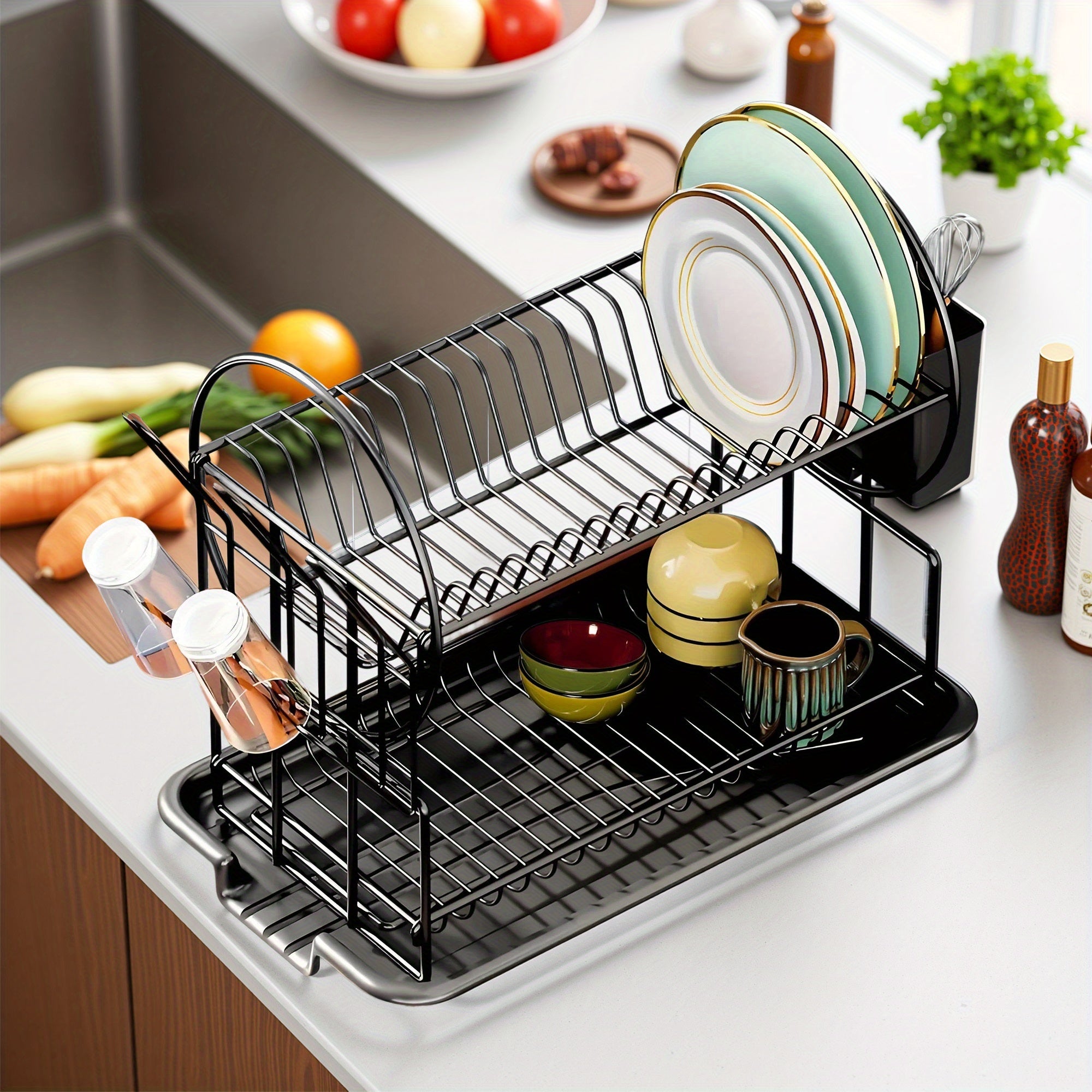 TEMU 1pc Dish Drying Rack 2 Tier, Rack With For Kitchen Countertop, Dish Drainer With Utensil Holder And Cup Holder | Space Saving | Roud Shape
