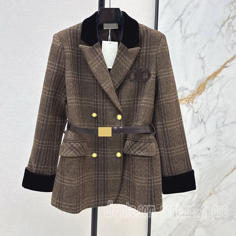 Retro Checked Women Blazer Coat with Waist Belt Designer Elegant Contrast Color Velour Collar Outerwear Winter Spring OL Formal Suit