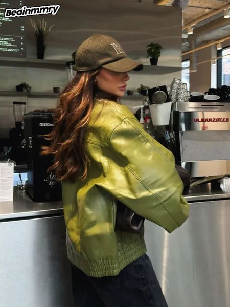 Fashion Green Leather Sleeve Loose Jacket Women Chic Laple Zipper Cropped Short Coats 2024 Lady Casual High Street Outerwear 241224