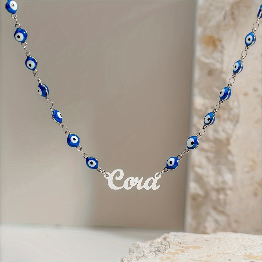TEMU Personalized Evil Eye Name Necklace - Blue Bead & Golden Letter Pendant, Stainless Steel Minimalist Jewelry For Women, Casual Attire & Christmas