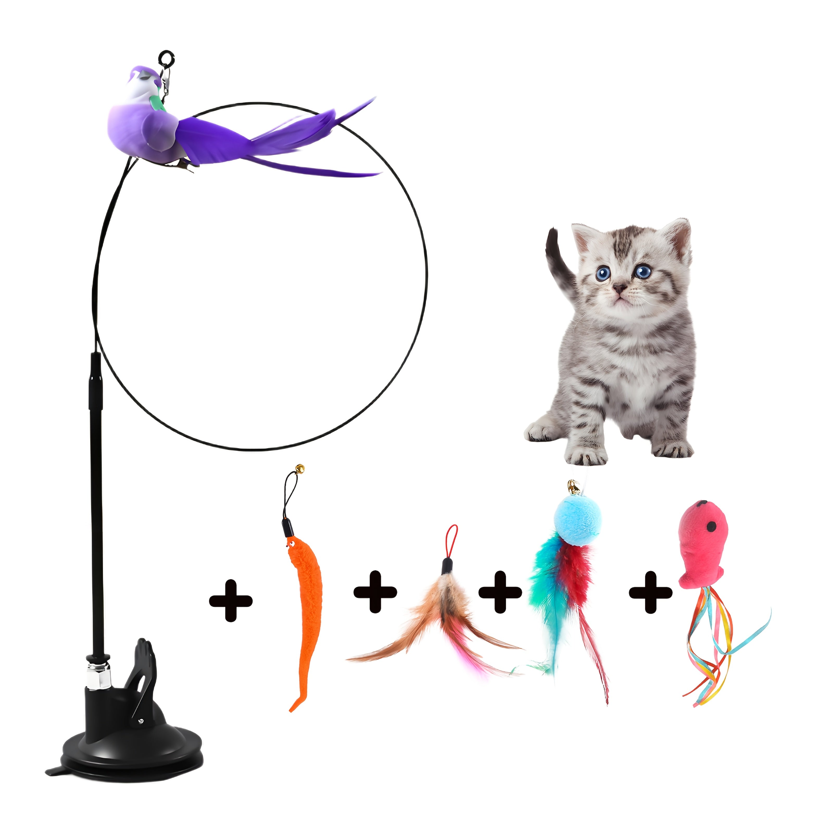 TEMU Interactive Cat Toys, 5 Replacement Refills, Feather Decoys, Bird Simulation, No Batteries Required, With Bells, With Suction Cups Removable