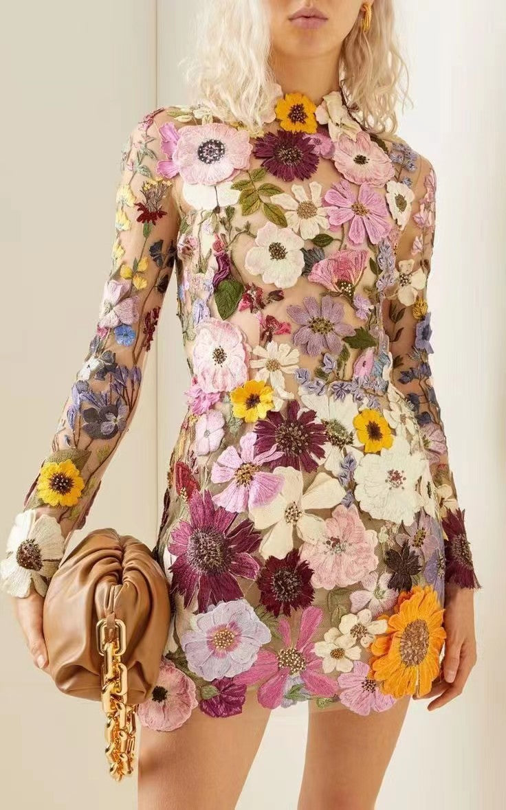 Floral Embroidery Elegant Luxury Women Mini Dress Half High Collar Long Sleeve Dresses 2023 Spring Evening Party Lady Vestido