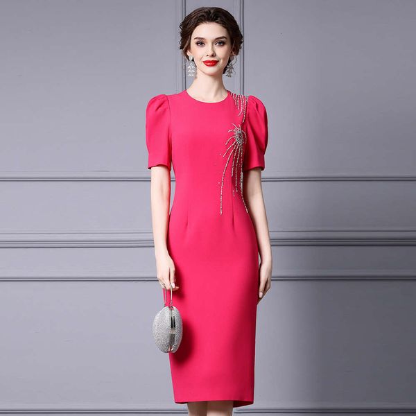 Bubble Sleeves Show Body Embracing Hip Skirt Mature and Elegant Fireworks Nail Diamond Short Sleeve Dress 2024 New Womens Summer High Waist