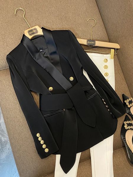 Women&#039;s Suits Blazers Arrival European Style Quality Women Coat Shawl Collar Double-breasted Office Lady Solid Blazer With Belt 231115