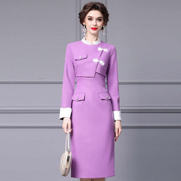 Chinese Dress 2024 Autumn New Elegant Womens Style Stand Up Collar Pan Button Color Contrasting Splicing Hip Wrapping Skirt Bifurcated SKINN