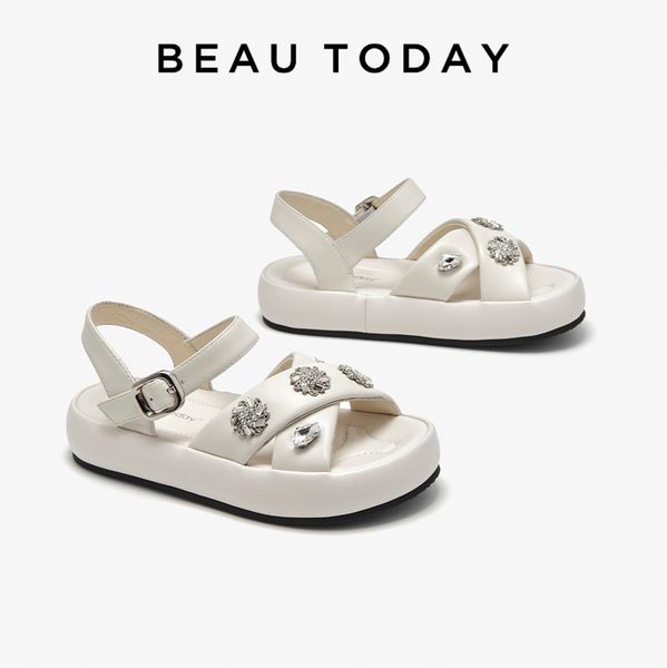 Chunky BEAUTODAY Sandals Women Genuine Sheepskin Round Toe Metal Decoration Flats Casual Summer Ladies Shoes Handmade 38226 befd